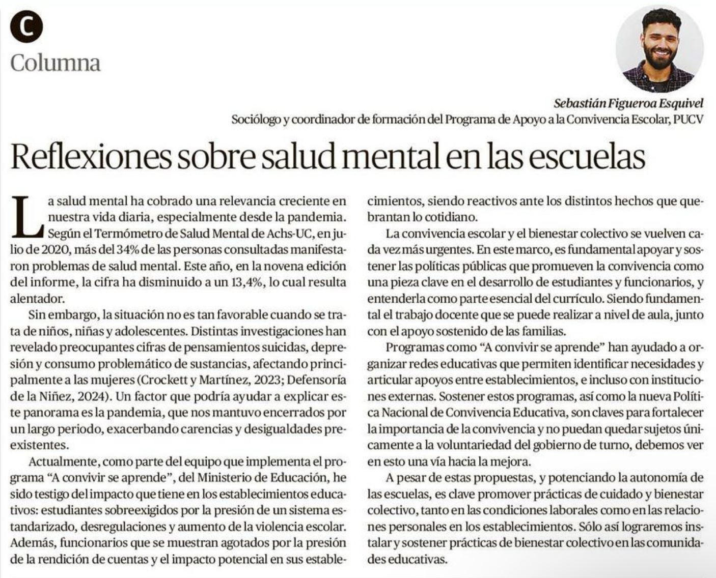 Reflexiones sobre Salud Mental en las Escuelas: Columna de Sebastián Figueroa Esquivel